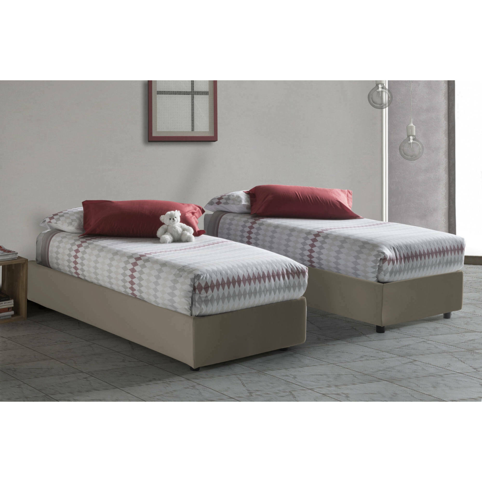 Letto singolo Diletta, Letto contenitore con rivestimento in ecopelle, 100% Made in Italy, Apertura laterale, adatto per materasso Cm 80x190, Tortora