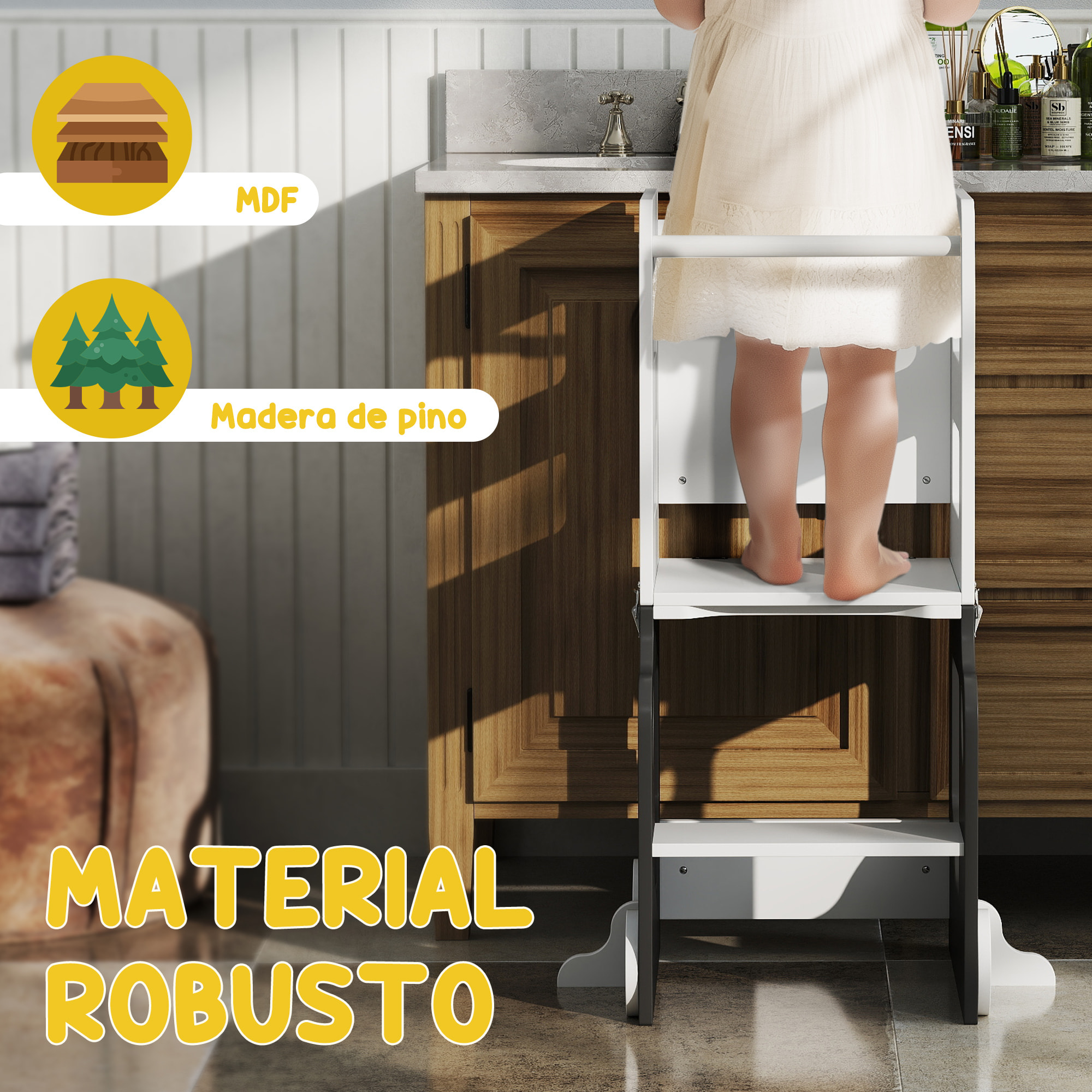 Torre de Aprendizaje 4 en 1 Taburete de Aprendizaje para Niños de +3 Años en Forma de Coche Convertible en Mesa y Silla con Pizarra de Doble Cara Barra de Seguridad 58x46x92 cm Blanco y Gris