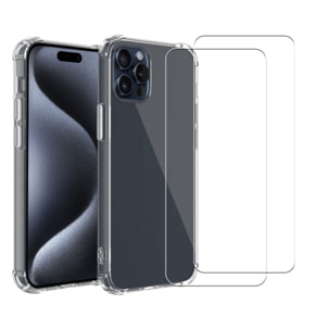 Coque iPhone 15 Pro Max Antichoc Silicone bords renforcés + 2 Vitres en verre trempé Protection écran