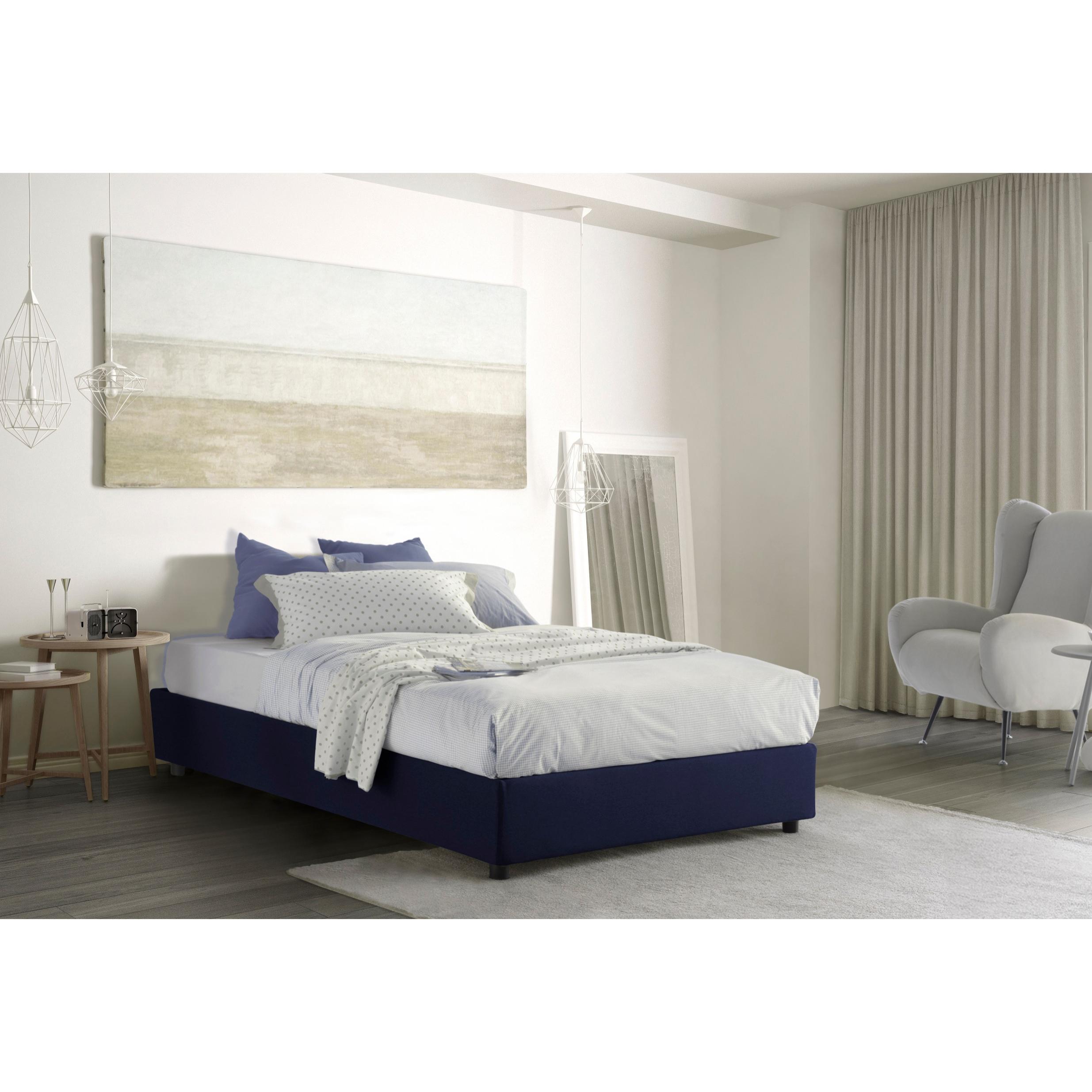 Letto piazza e mezza Chiara, Letto contenitore con rivestimento in tessuto, 100% Made in Italy, Apertura frontale, con materasso Cm 120x190 incluso, Blu