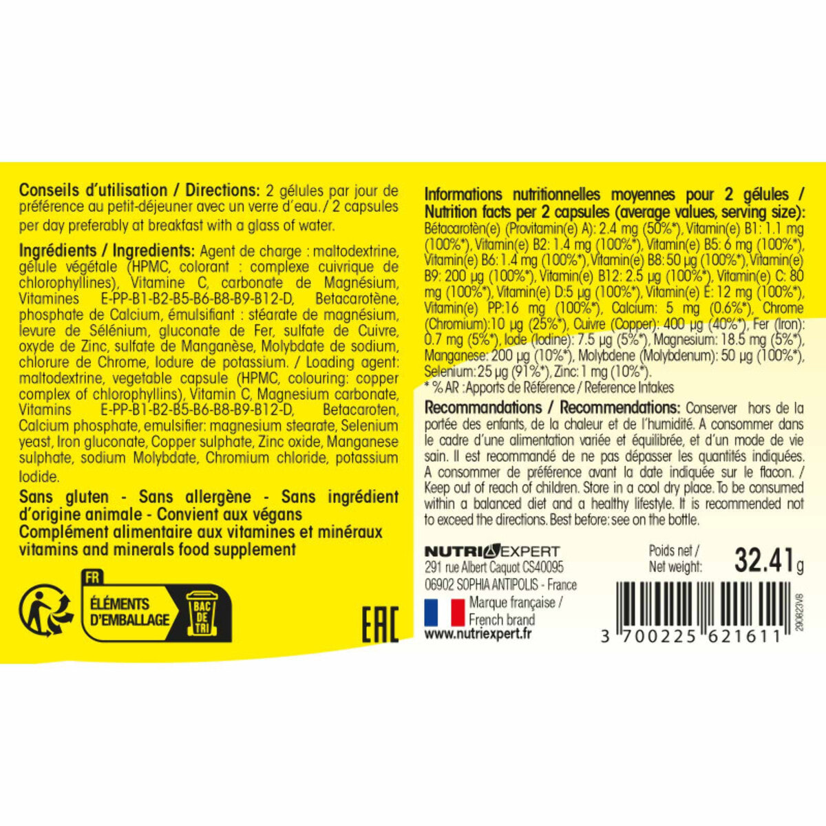 NUTRI EXPERT - 22 Vitamines & Minéraux - Aide à réduire la fatigue - Soutient les défenses naturelles - Protège les cellules du stress oxydatif - Cure 30 jours - Marque Française - Lot de 3 produits