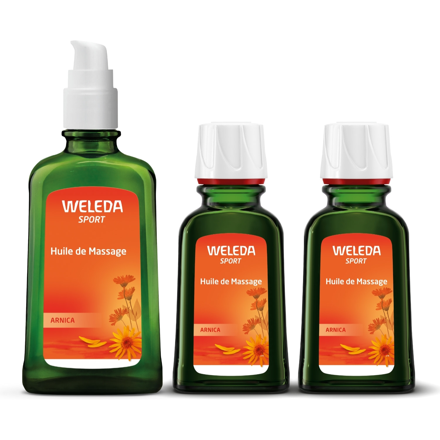 WELEDA - LOT Huile de massage Arnica 2x50ml + 1x100ml - Vegan* - Certifié Natrue**- Flacon pompe 100ml et flacon 50ml