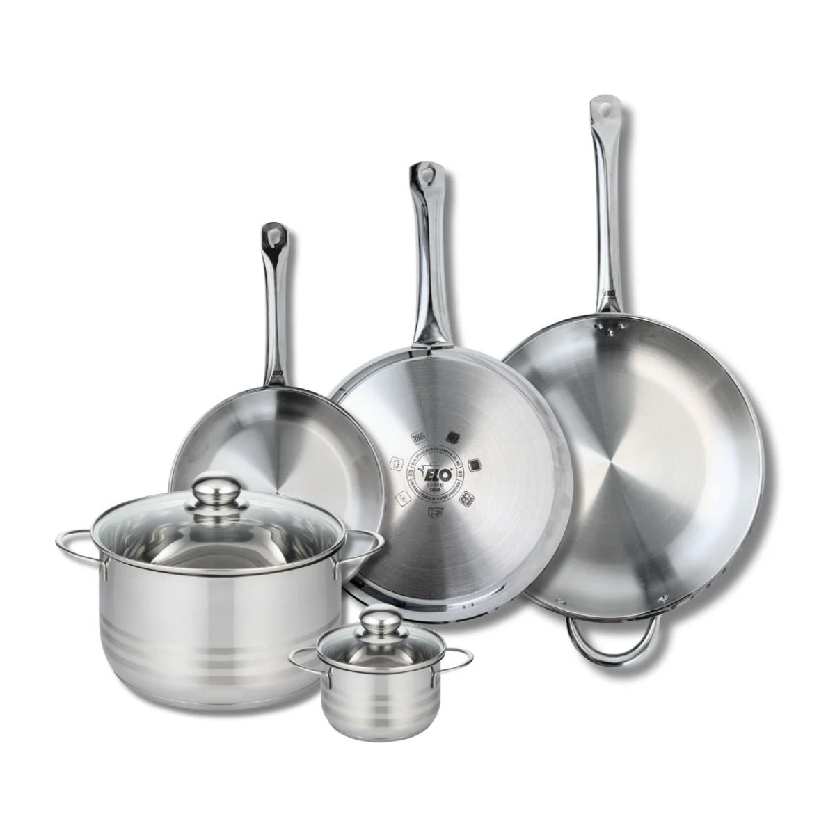 Ensemble de 3 Poêles de cuisson 24, 28 et 32 cm et 2 faitouts Elo Profi Brillant