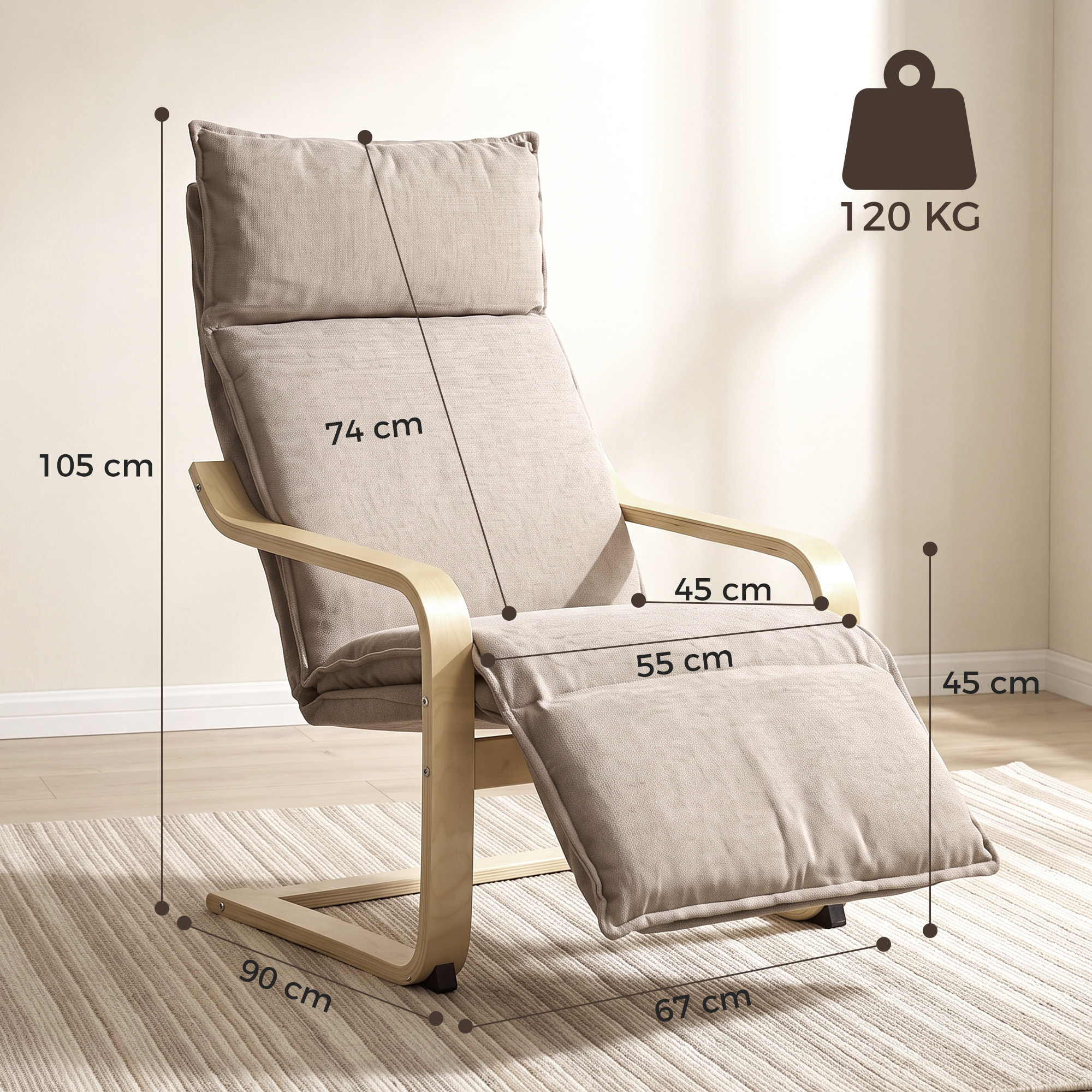 Sillón de Salón con Reposapiés, Butaca de Salón Tapizada en Lino con Balanceo Suave, Respaldo Alto, Asiento Ancho, Sillón de Relax para Dormitorio, Oficina, Estudio, Marrón Claro