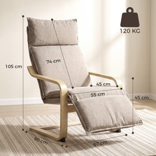 Sillón de Salón con Reposapiés, Butaca de Salón Tapizada en Lino con Balanceo Suave, Respaldo Alto, Asiento Ancho, Sillón de Relax para Dormitorio, Oficina, Estudio, Marrón Claro
