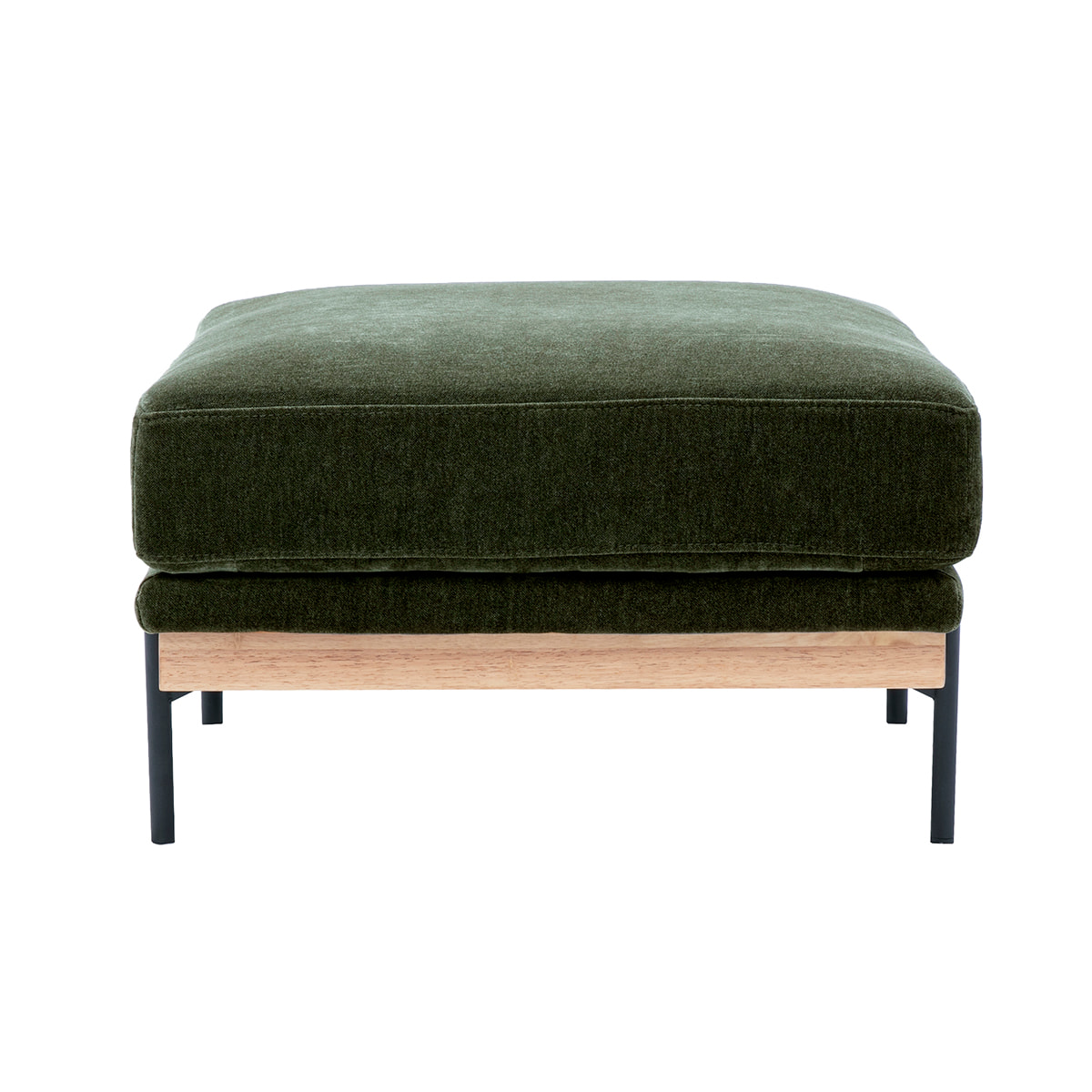 Pouf repose pieds en tissu effet velours vert kaki et métal noir TODD