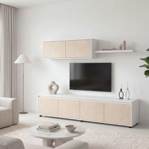 Salón con mueble de TV y estantería en blanco artik y efecto microcemento beige 200 cm Arlet Blanco Artik (Blanco Mate) - Microcemento Beige