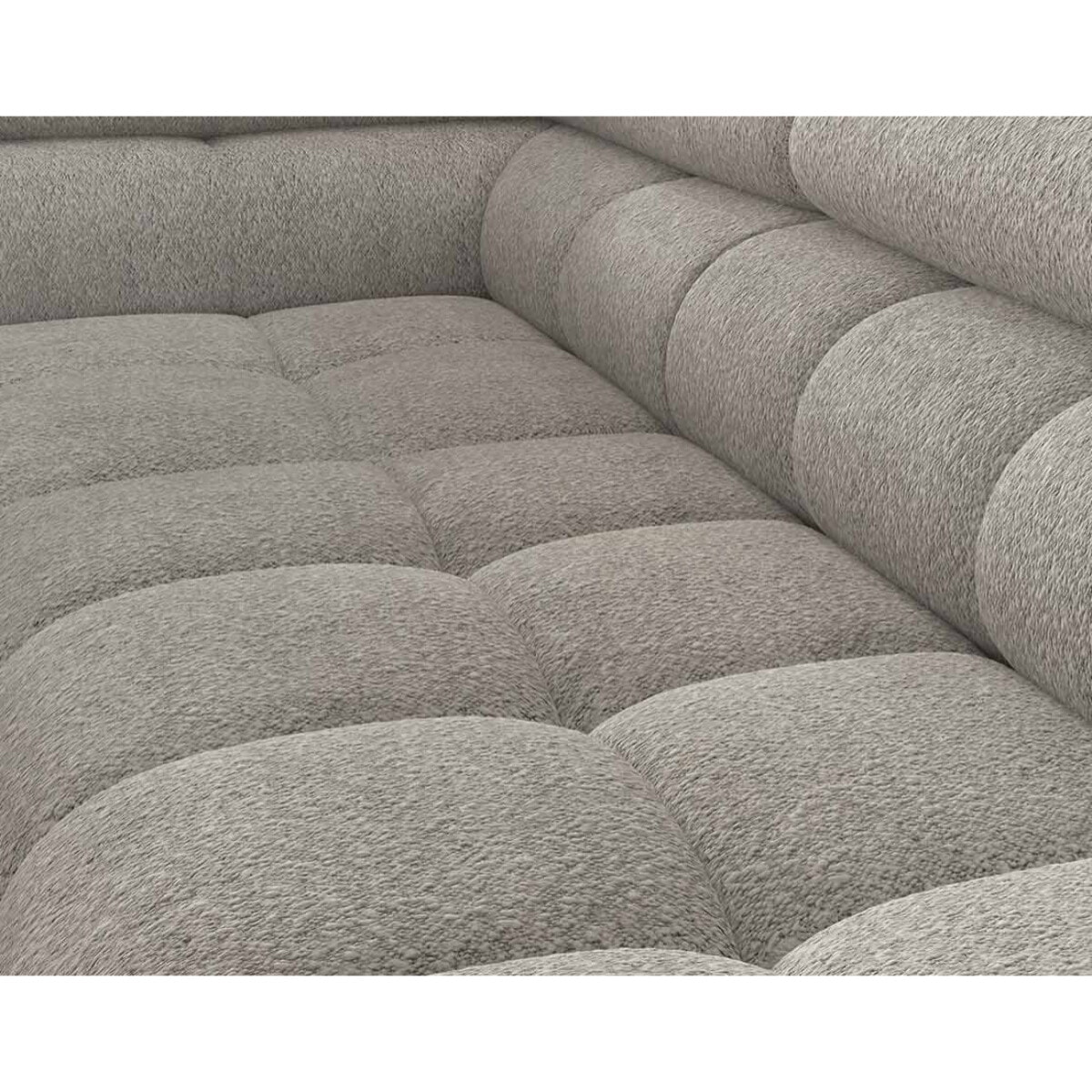 Elisa - canapé d'angle gauche 5 places convertible avec coffre et têtières réglables en tissu bouclette - Taupe