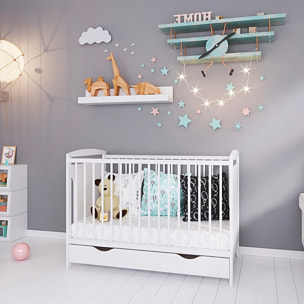 Lit Bébé Évolutif Margot 60x120 cm en Bois, Blanc, Avec Tiroir intégré, Sommier Réglable 3 Hauteurs, Barreaux Amovibles