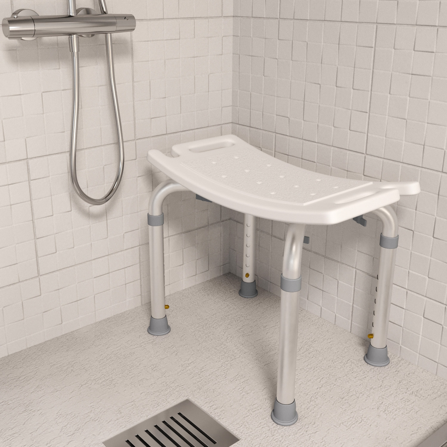 Sgabello Doccia Sedile Vasca Da Bagno Altezza Regolabile In 6 Posizioni Piedini Antiscivolo Portata Max 120 Kg 50 x 30 Cm Bianco