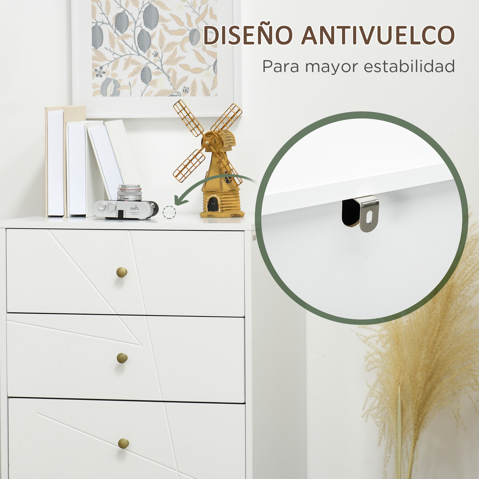 Cómoda de Dormitorio Moderna Cómoda de Madera con 4 Cajones y Patas Metálicas Mueble Cajonera para Salón Oficina 60x40x100 cm Blanco