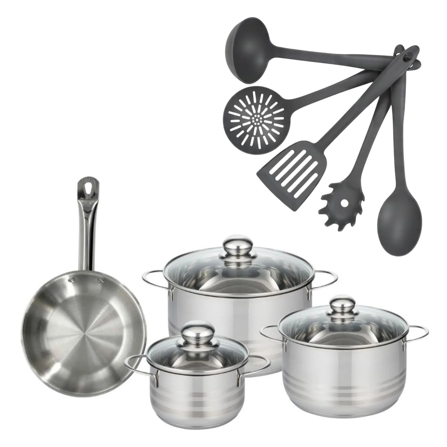 Set poêle en inox, faitouts inox et ustensiles Fackelmann Eterna