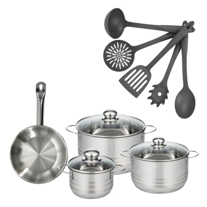 Set poêle en inox, faitouts inox et ustensiles Fackelmann Eterna