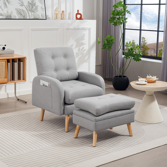 Fauteuil et repose-pieds design nordique grand confort piètement bois tissu effet lin aspect capitonné gris clair