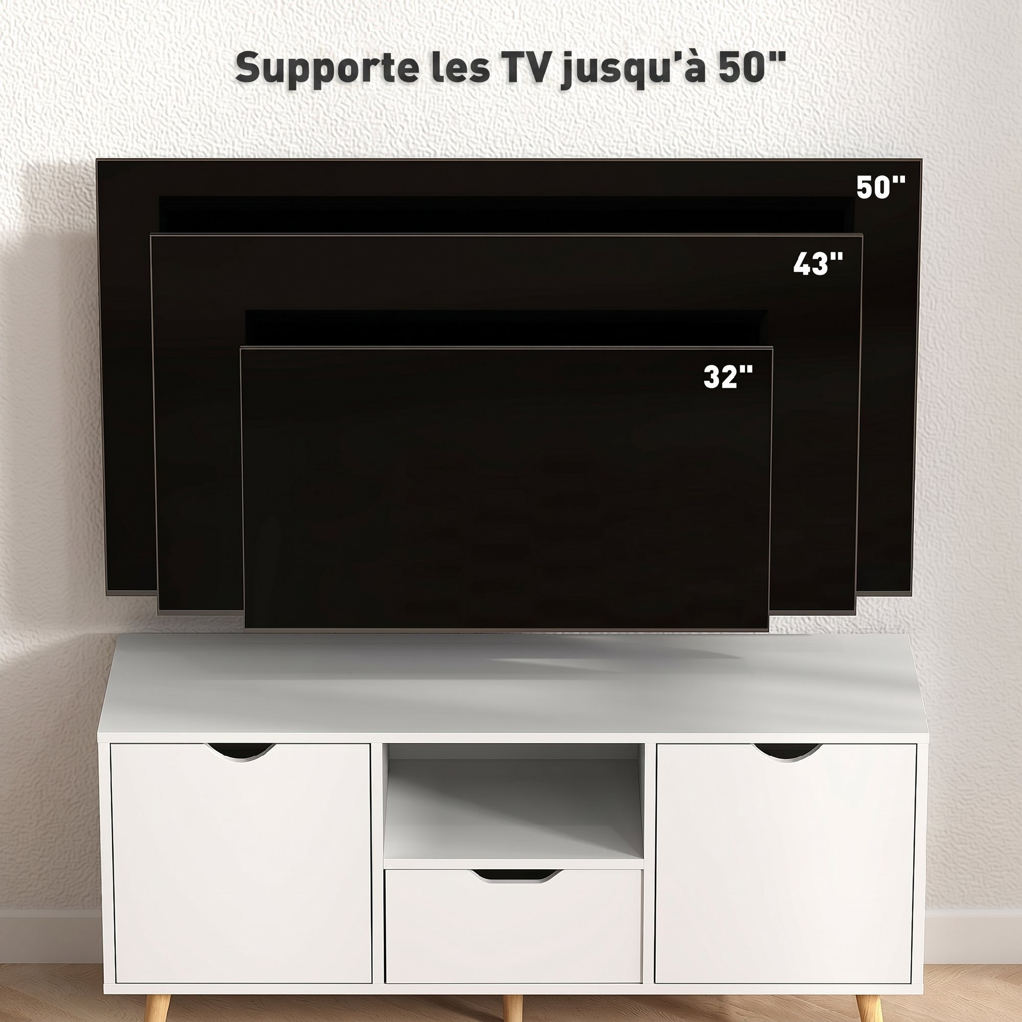 Meuble TV banc TV style scandinave 2 portes tiroir niche piètement bois de pin panneaux blanc