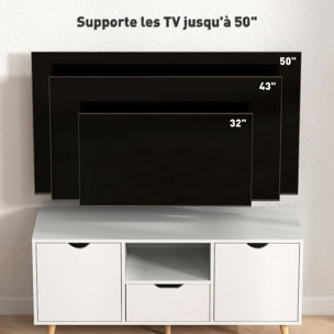 Meuble TV banc TV style scandinave 2 portes tiroir niche piètement bois de pin panneaux blanc