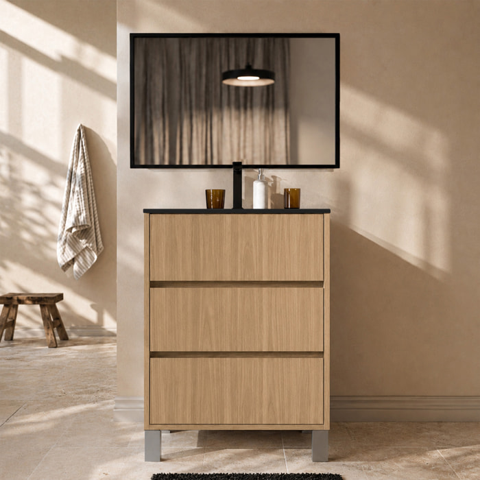 Meuble de Salle de Bains 50cm 3 tiroirs Chêne Clair, Vasque Noire et Miroir Cadre Noir 50x70 XENOS