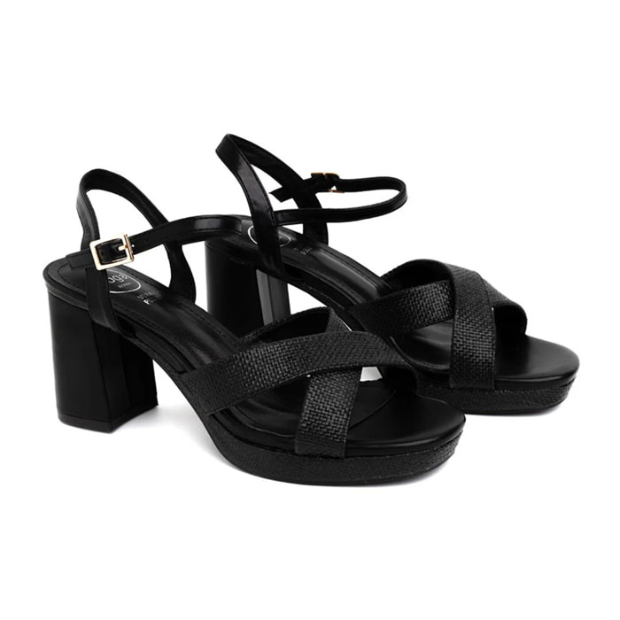 Sandalo in rafia con plateau - NERO