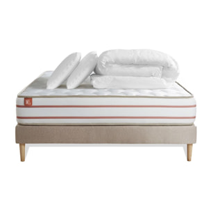 Pack Matelas Le Doux - 24cm - Mémoire de forme - Zéro transfert de mouvement - Sommier Tapissier Beige - Avec couette et oreillers