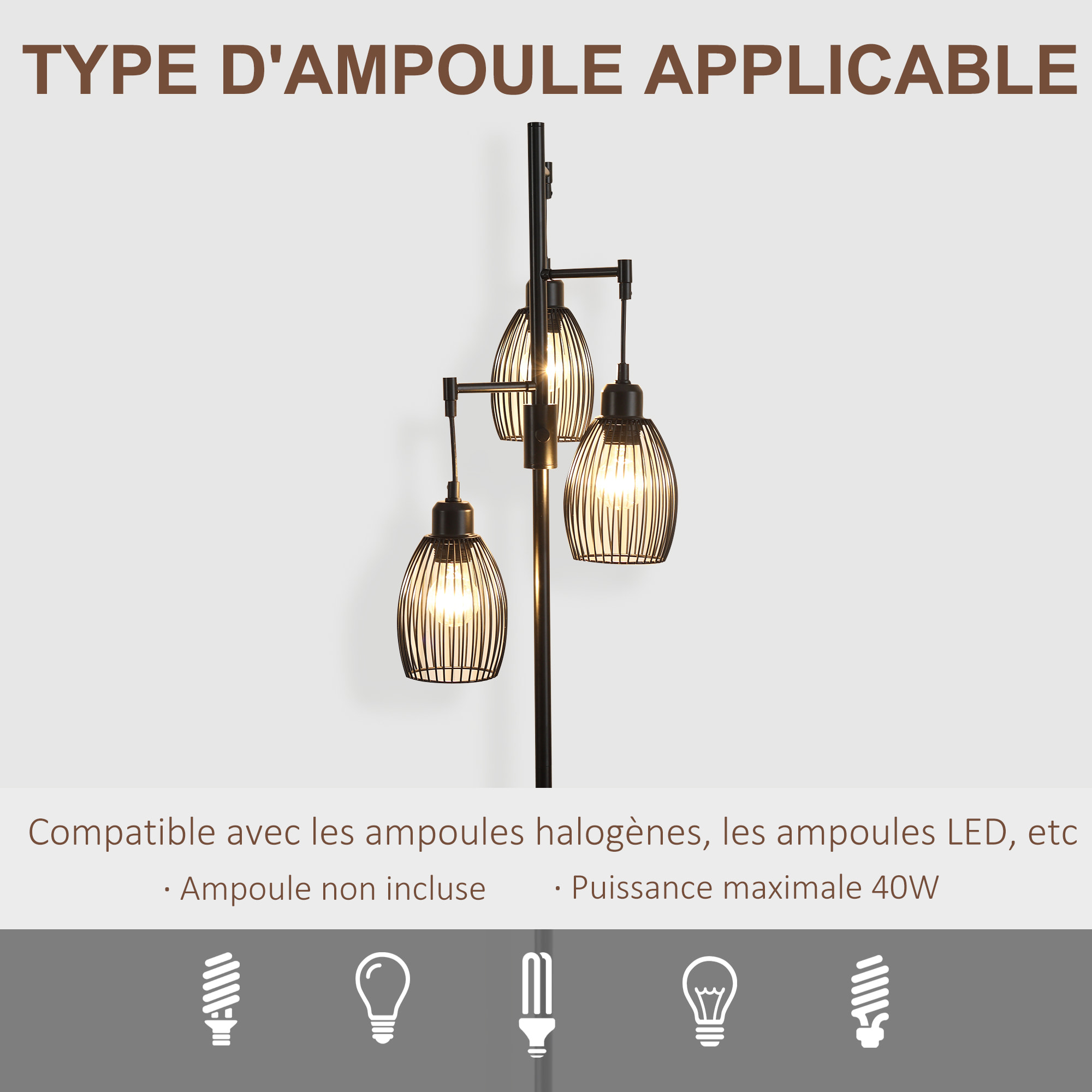 Lampadaire design industriel 3 têtes 40 W max. luminosité réglable métal filaire acier noir