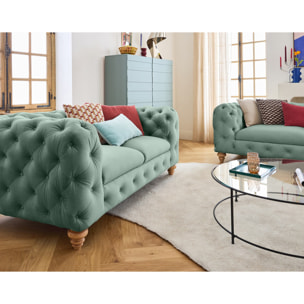 Walter - canapé 2 places chesterfield en velours - pieds bois - Bleu