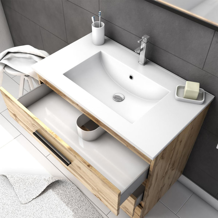 Pack caisson à tiroirs avec vasque et miroir - Bois