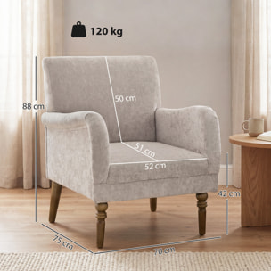 Sillón Relax, Sofá Individual, Tapizado en Lino, Reposabrazos Estilizados, Patas de Madera Maciza, Acolchado Grueso para Salón, Dormitorio y Oficina, Gris