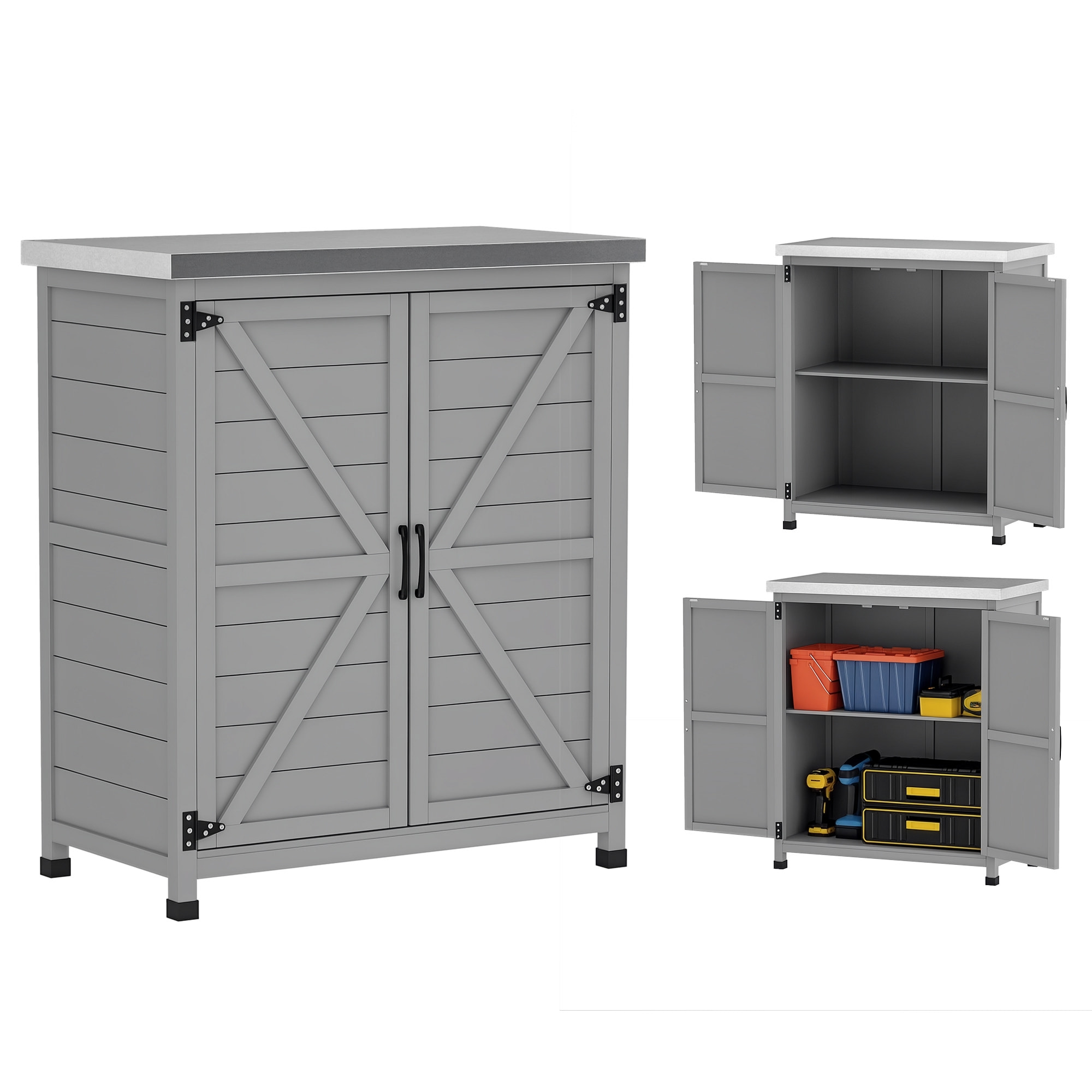 Armario de Exterior de Madera, Caseta de Jardín Exterior con Techo de Acero Galvanizado, Estante, 2 Puertas, Cobertizo de Jardín para Almacenamiento de Herramientas, 79x43x92 cm, Gris