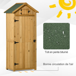 Armoire abri de jardin remise pour outils 3 étagères 2 portes loquets toit pente bitumé 77L x 54l x 179H cm sapin traité lasuré