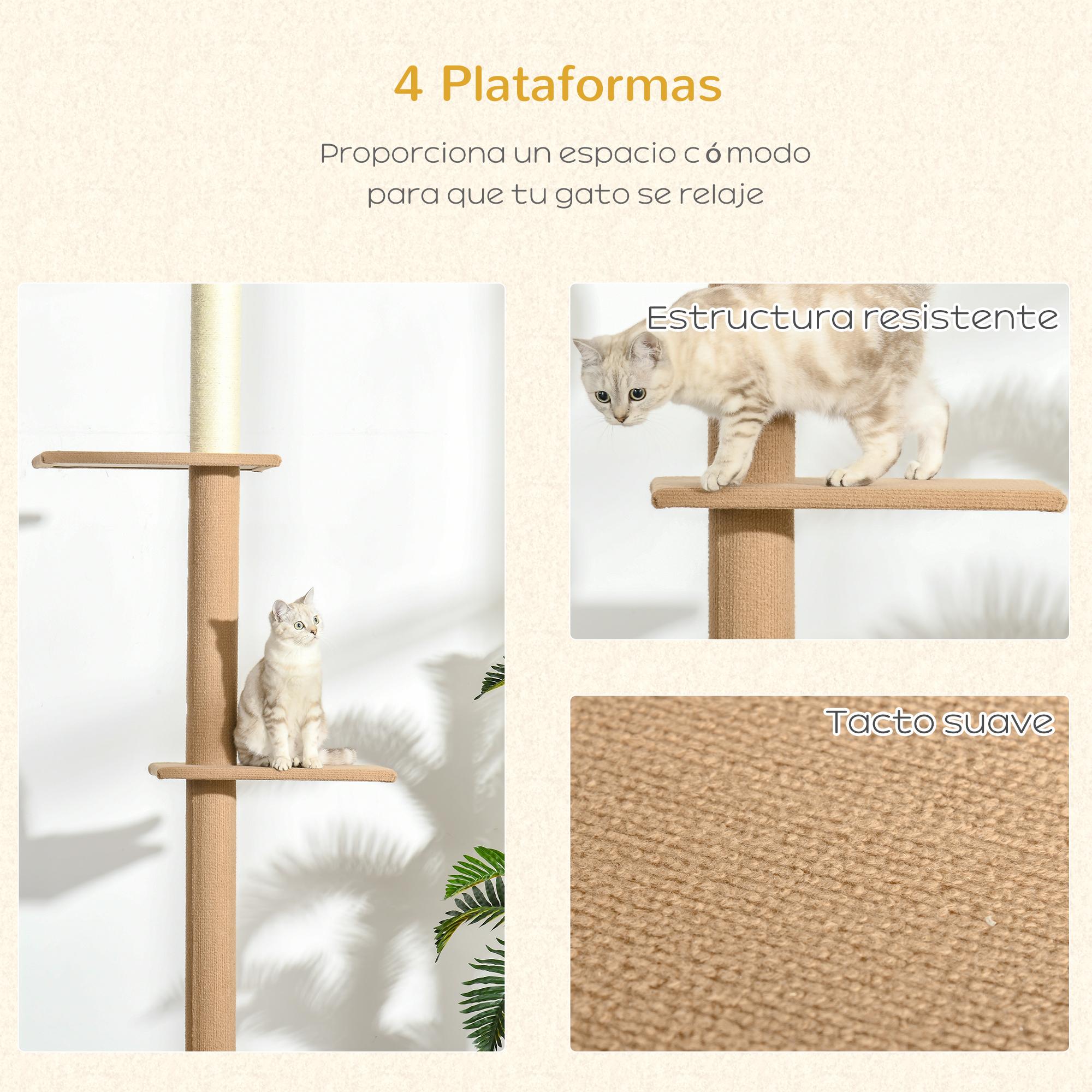 Árbol para Gatos del Suelo al Techo 43x27x228-260 cm Torre para Gatos con Altura Ajustable 4 Plataformas Espaciosas y Poste de Sisal Marrón