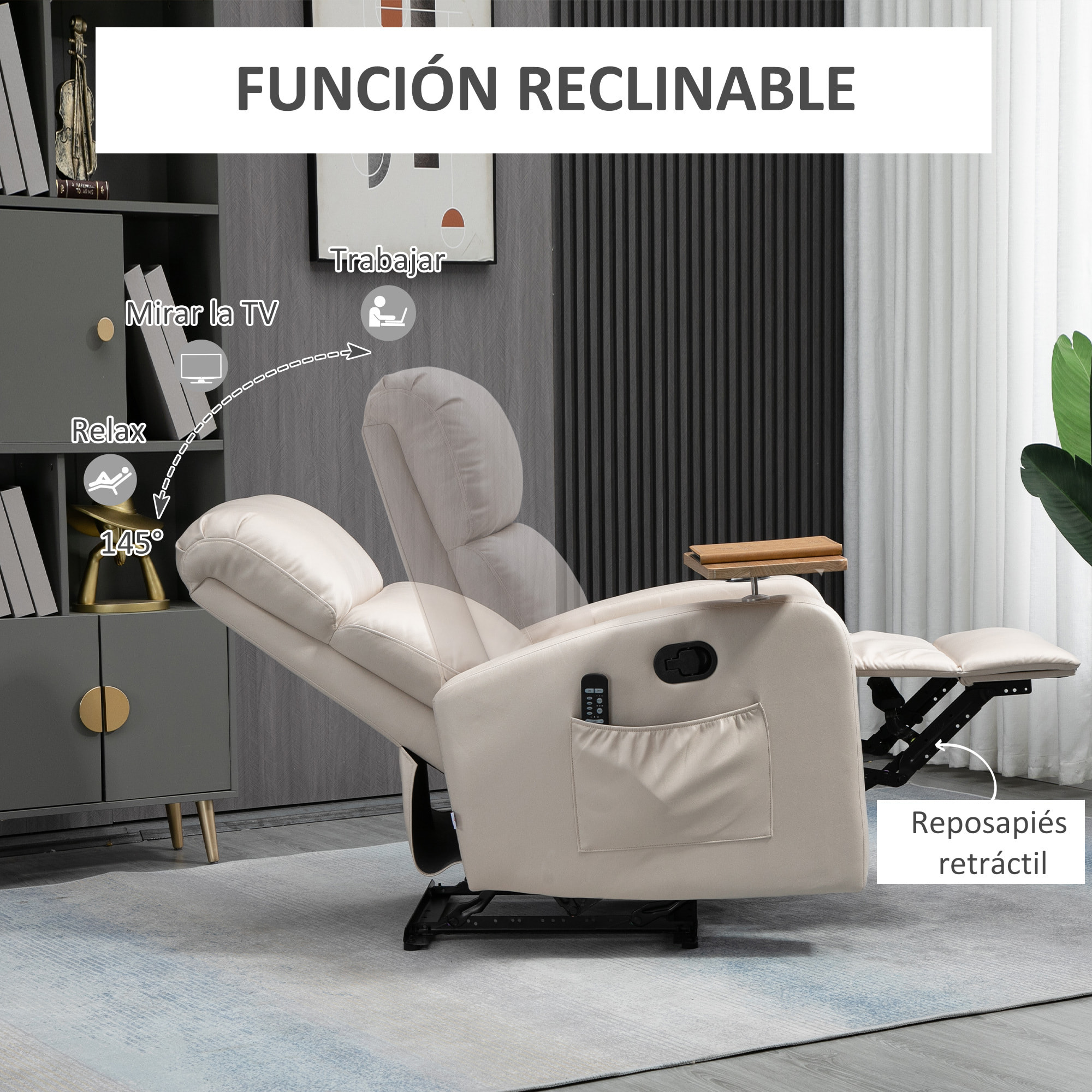 HOMCOM Sillón de Masaje Sillón Relax Eléctrico con 4 Modos de Vibración Reclinación 145° Tapizado en Microfibra Mando a Distancia Mesita 2 Bolsillos Laterales y Posavasos 77x93x105 cm Beige