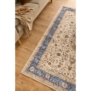 OTTOMAN - Tapis à poils courts doux à motif arabesque bleu