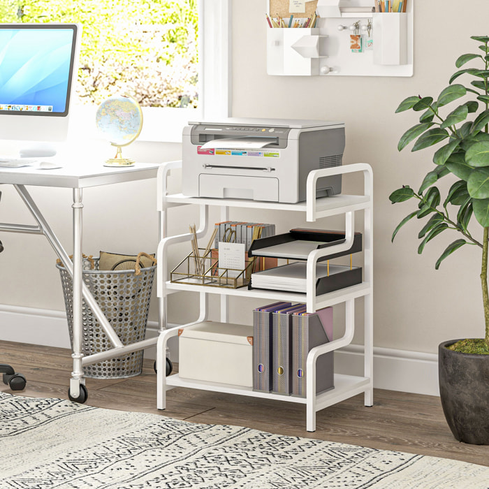 HOMCOM Soporte para Impresora de 3 Niveles, Mueble para Impresora con Marco de Acero, Estantería de Almacenamiento Multiusos para Escáner y Fax en Oficina, Casa, 55x40x77 cm, Blanco