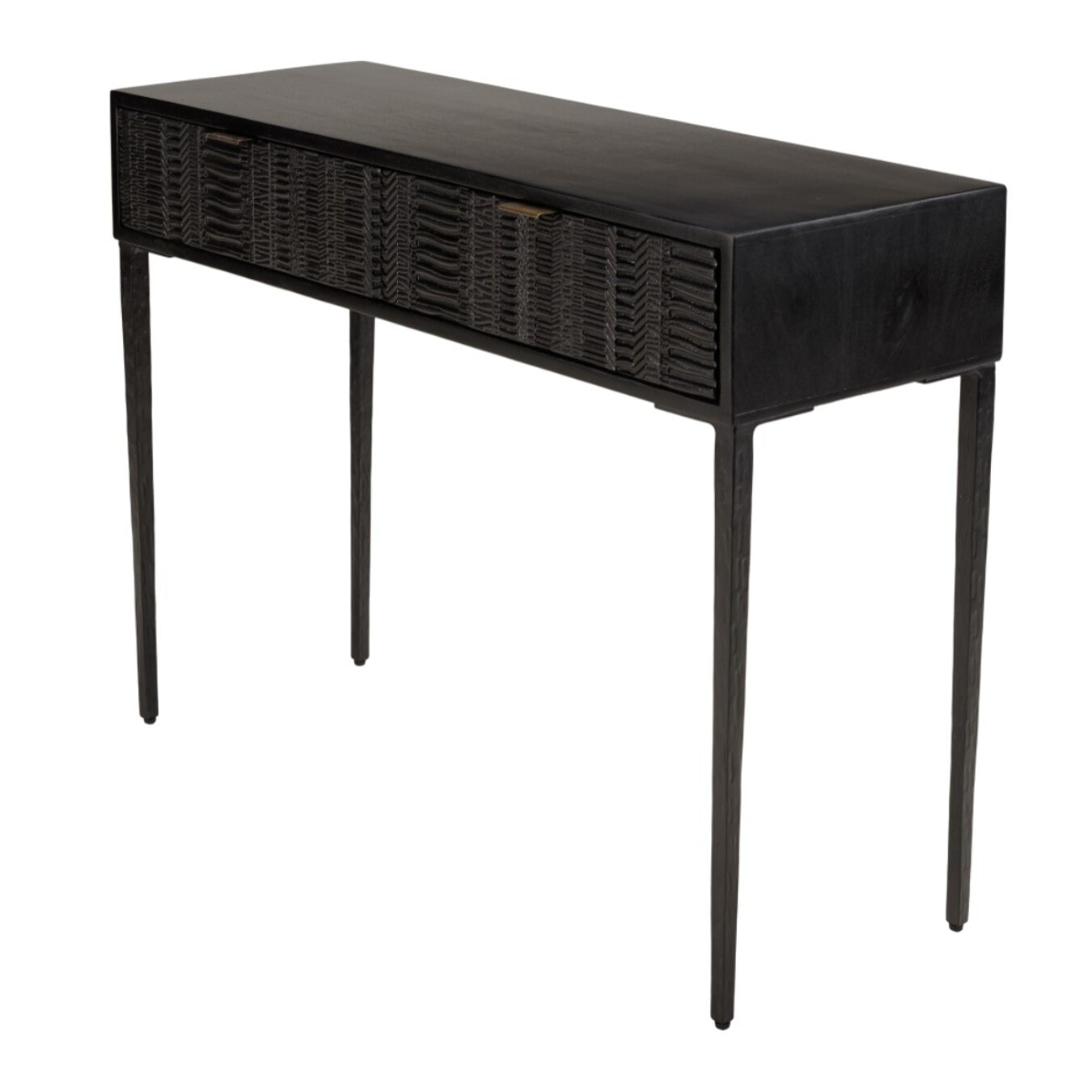 GLORIA - Console en manguier noir 2 tiroirs sculptés pieds en métal