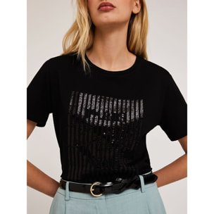 Motivi - T-shirt con paillettes e scritta ricamata - Nero