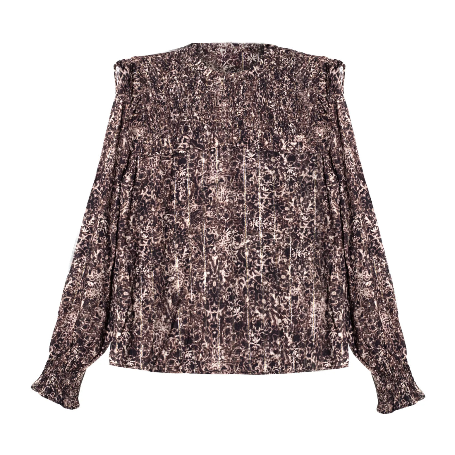 Blusa estampada con volantes y nido de abeja