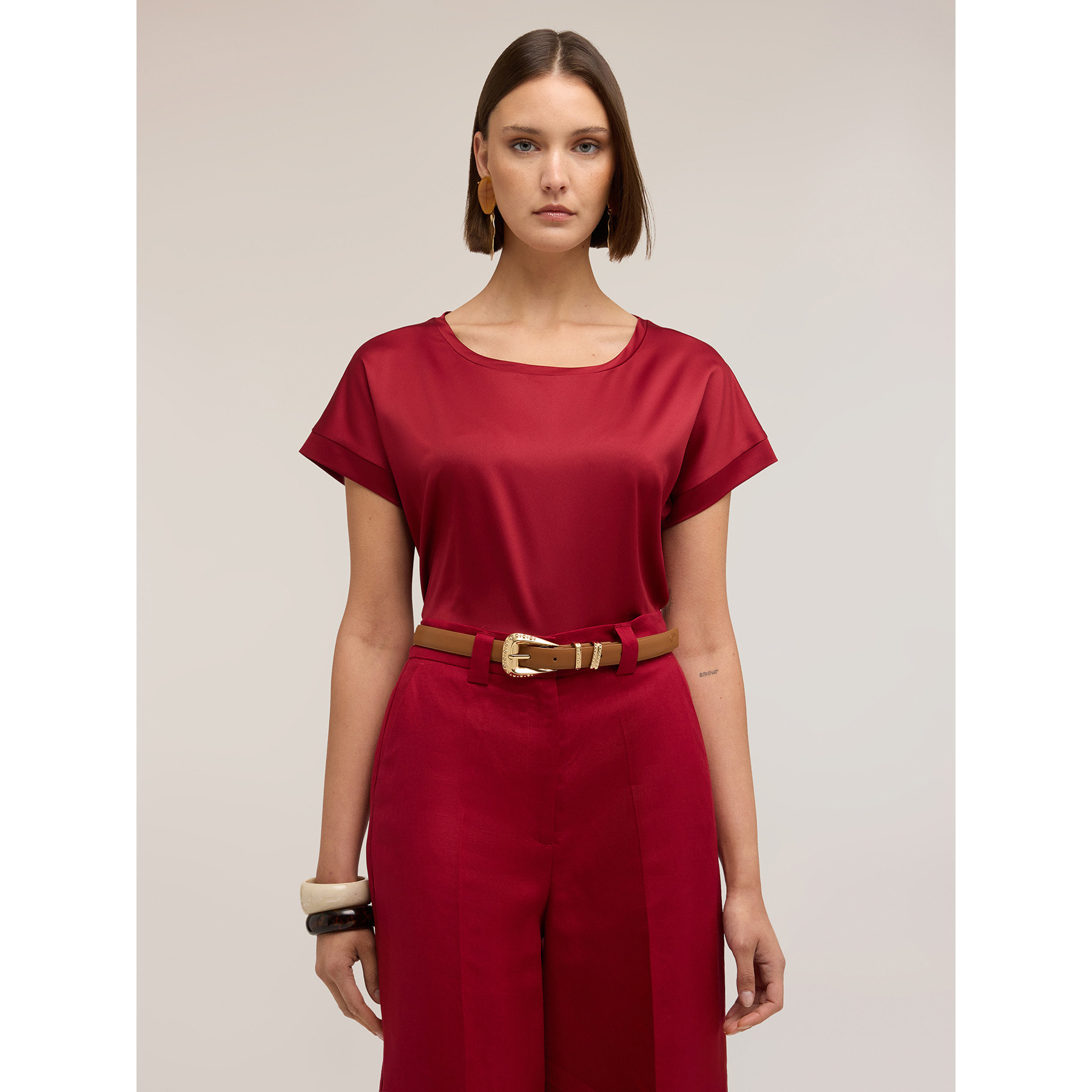 Motivi - Camiseta bimaterial mezcla de algodón - Burgundy