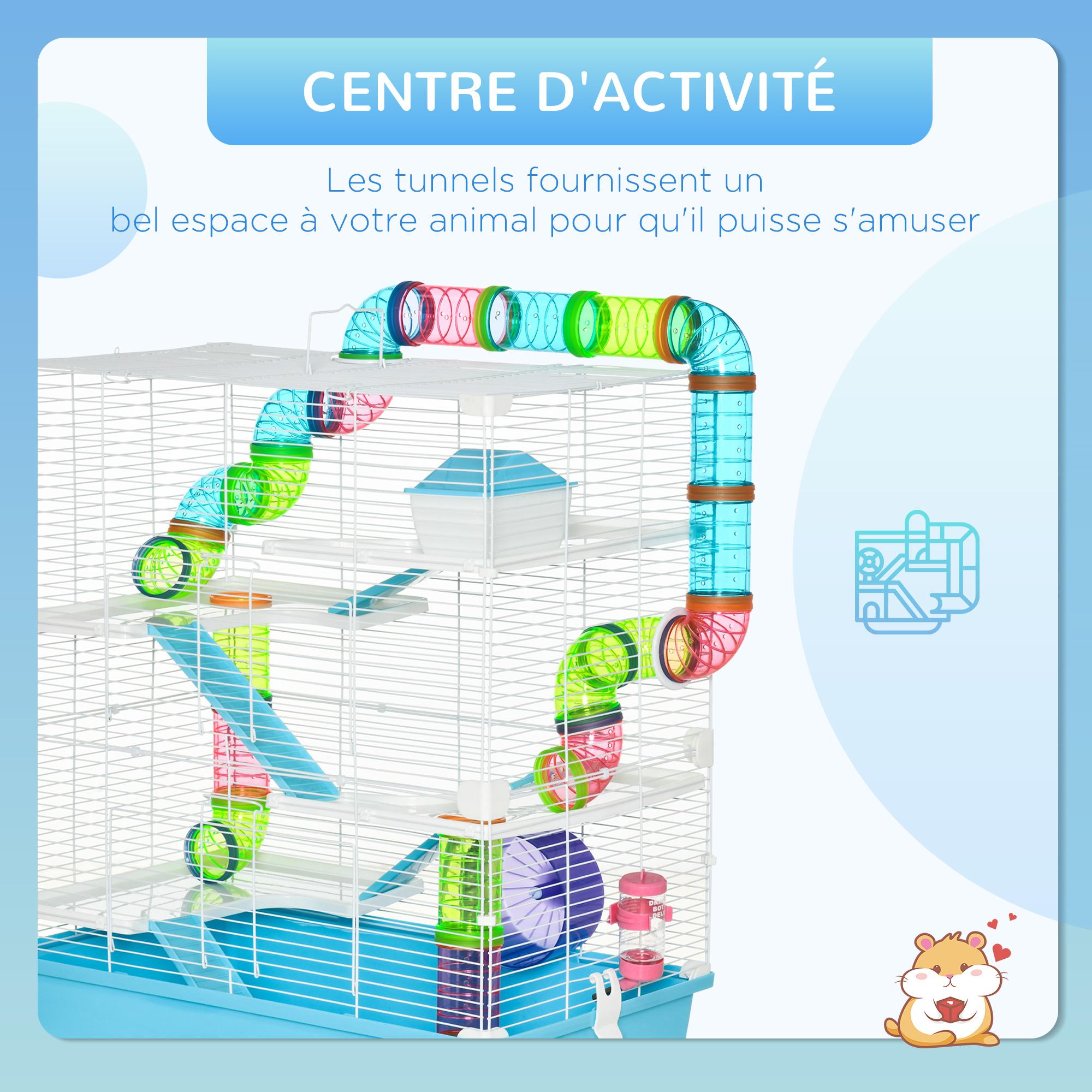 Grande cage à hamsters 5 niveaux - tunnels, abreuvoir, roue, maisonnette, échelles - dim. 59L x 36l x 69H cm - métal PP bleu blanc