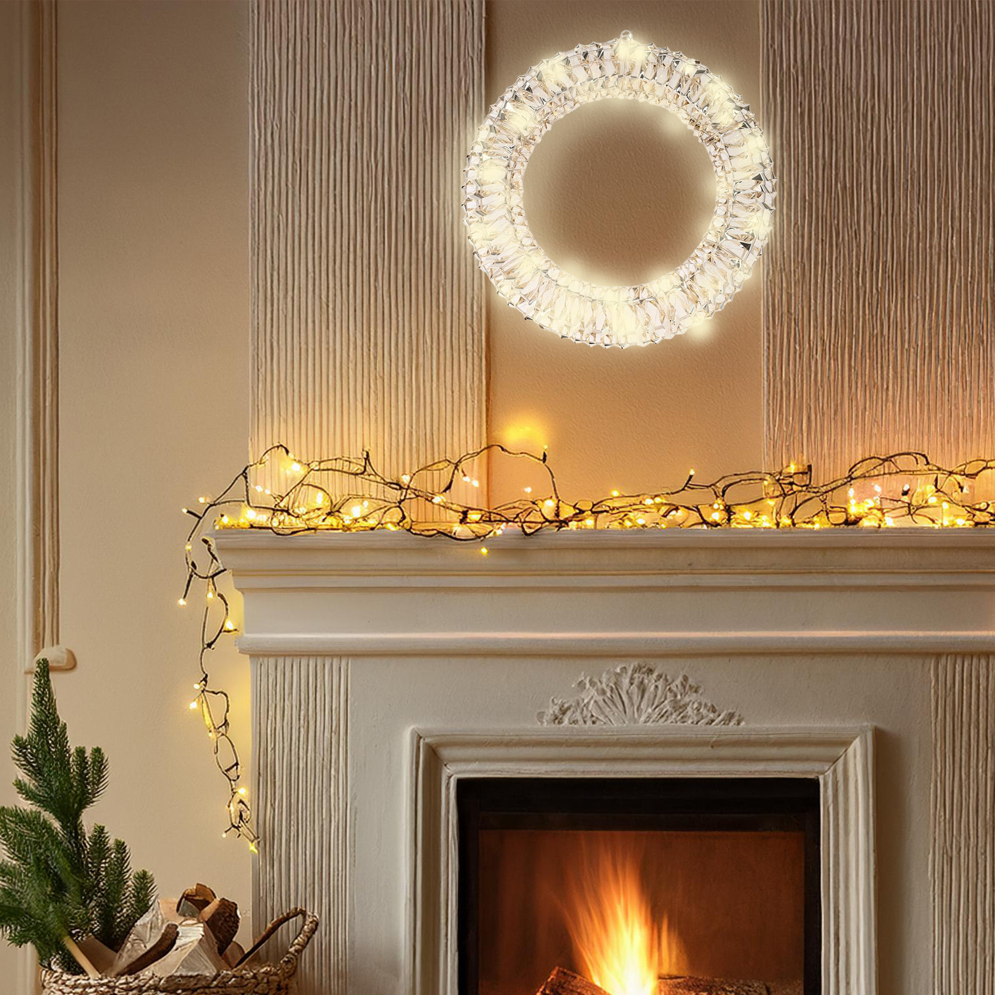 corona decorativa navideña con 50 micor luces led en blanco cálido 30cm