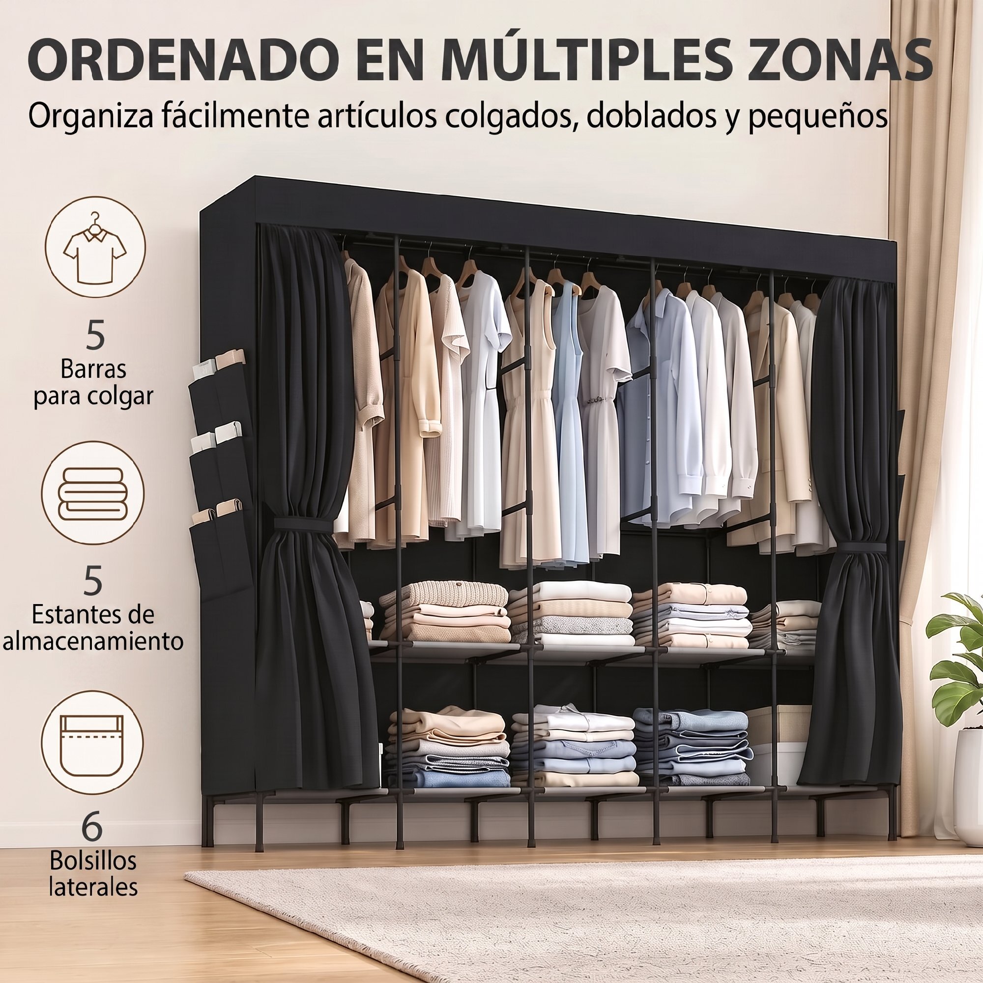 HOMCOM Armario de Tela, Armario Ropero con 5 Barras, 5 Estantes, 6 Bolsillos Laterales, Cremallera, Marco de Acero, para Dormitorio, Espacio Pequeño, 212x45x167 cm, Gris