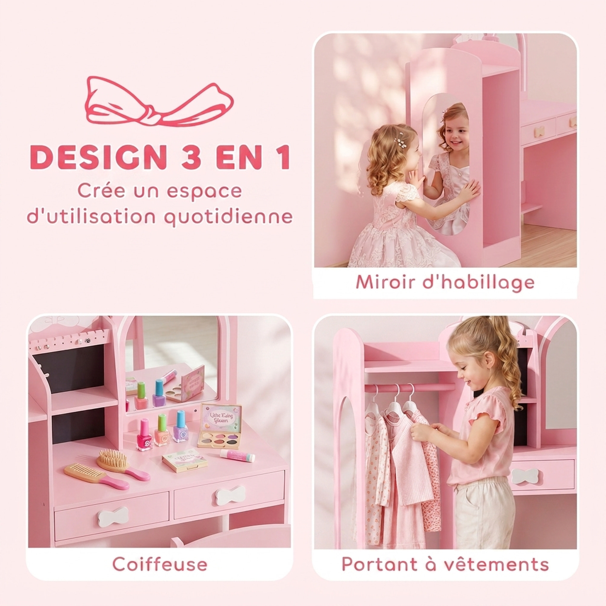 Coiffeuse enfant chaise miroir LED réglable multi-rangement rose