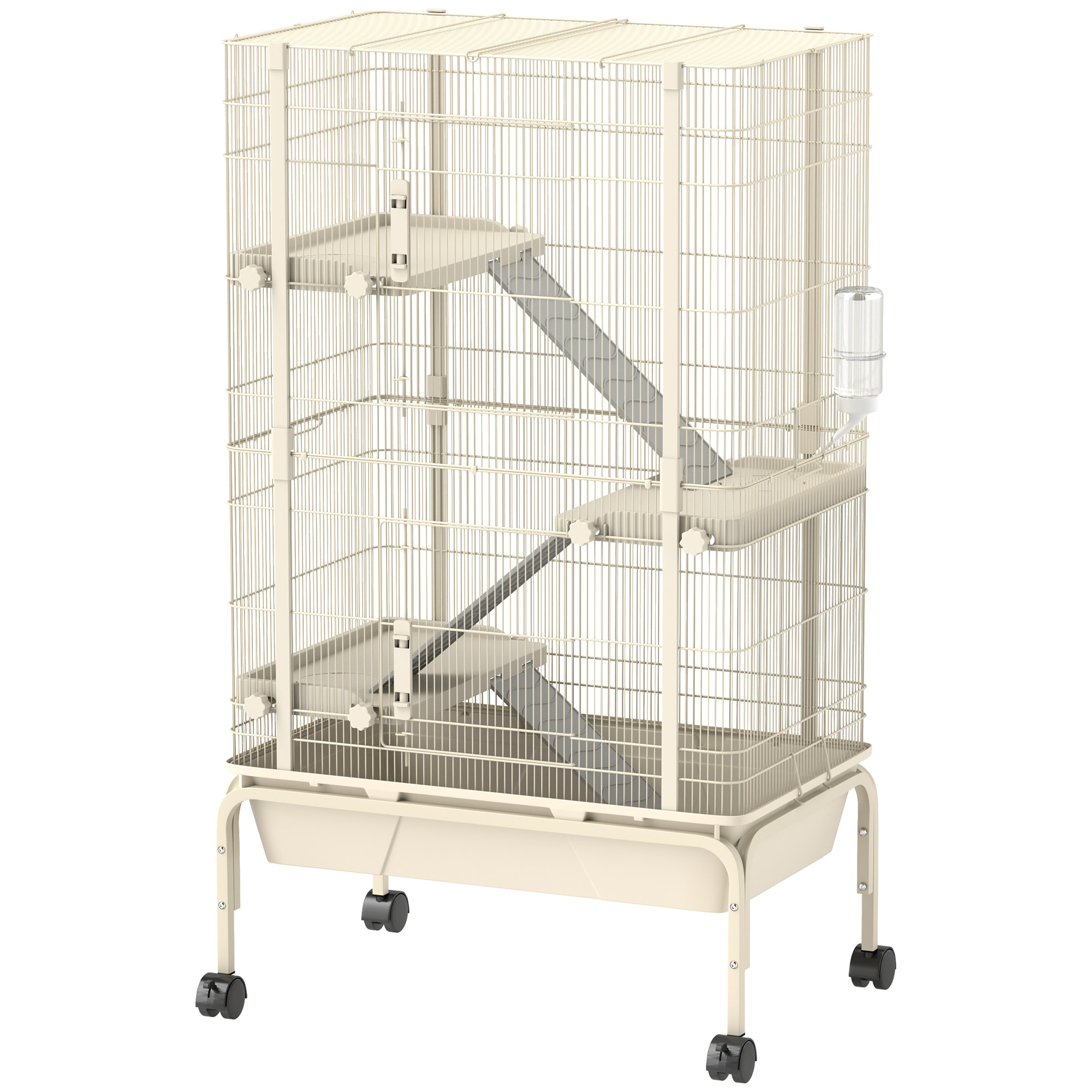 Cage mobile hamster rongeur furet 4 niveaux - 2 portes 3 rampes bac profond roulettes gamelle biberon - 69 x 44 x 120 cm - beige
