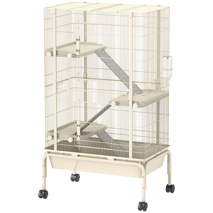 Cage mobile hamster rongeur furet 4 niveaux - 2 portes 3 rampes bac profond roulettes gamelle biberon - 69 x 44 x 120 cm - beige