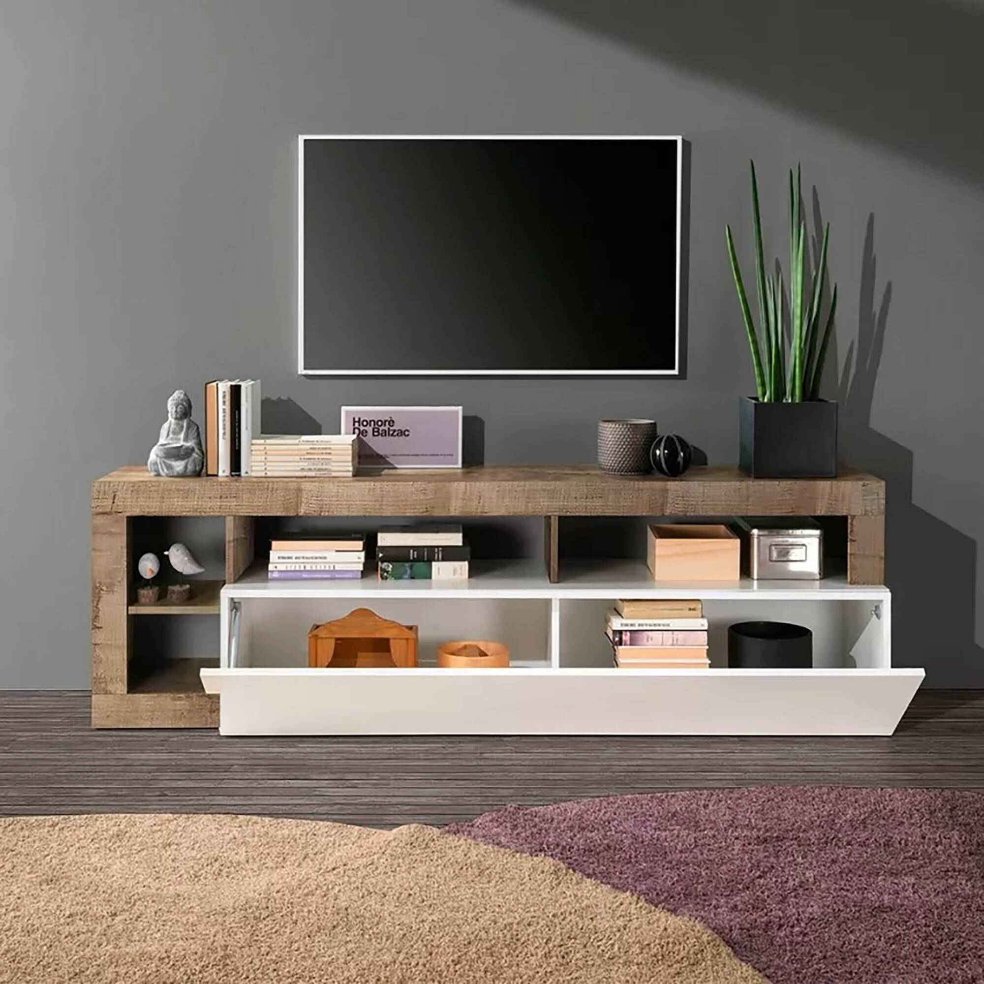 Mobile porta TV Arkangel, Credenza da soggiorno, Armadio basso per TV, Base parete attrezzata, Made in Italy, 184x42 h58 cm, Bianco lucido e Acacia