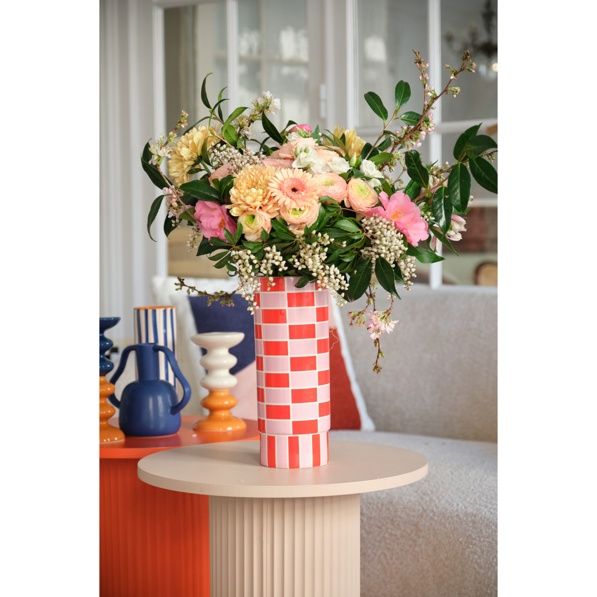 Vase céramique tube à damier