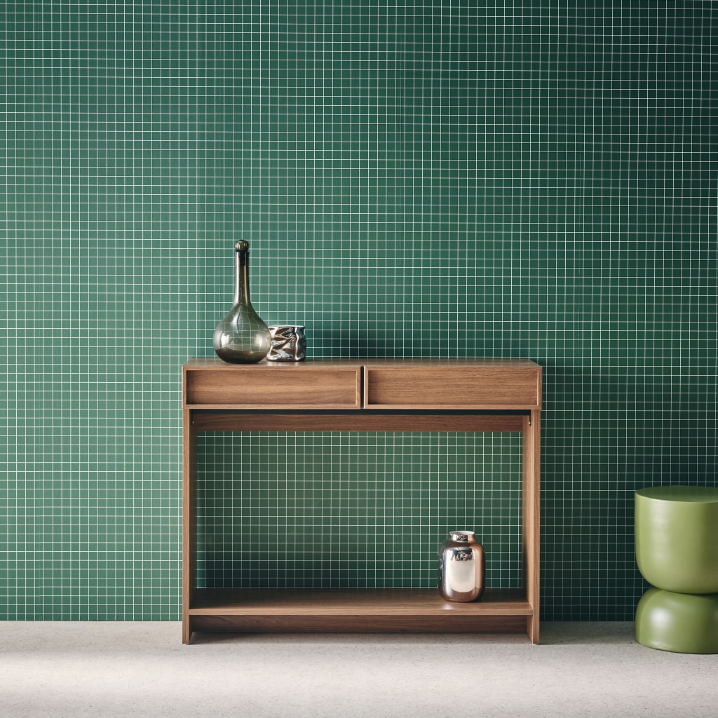 Console effet bois noyer 2 tiroirs et étagère - L 100 x P 33 x H 78cm - Kuba