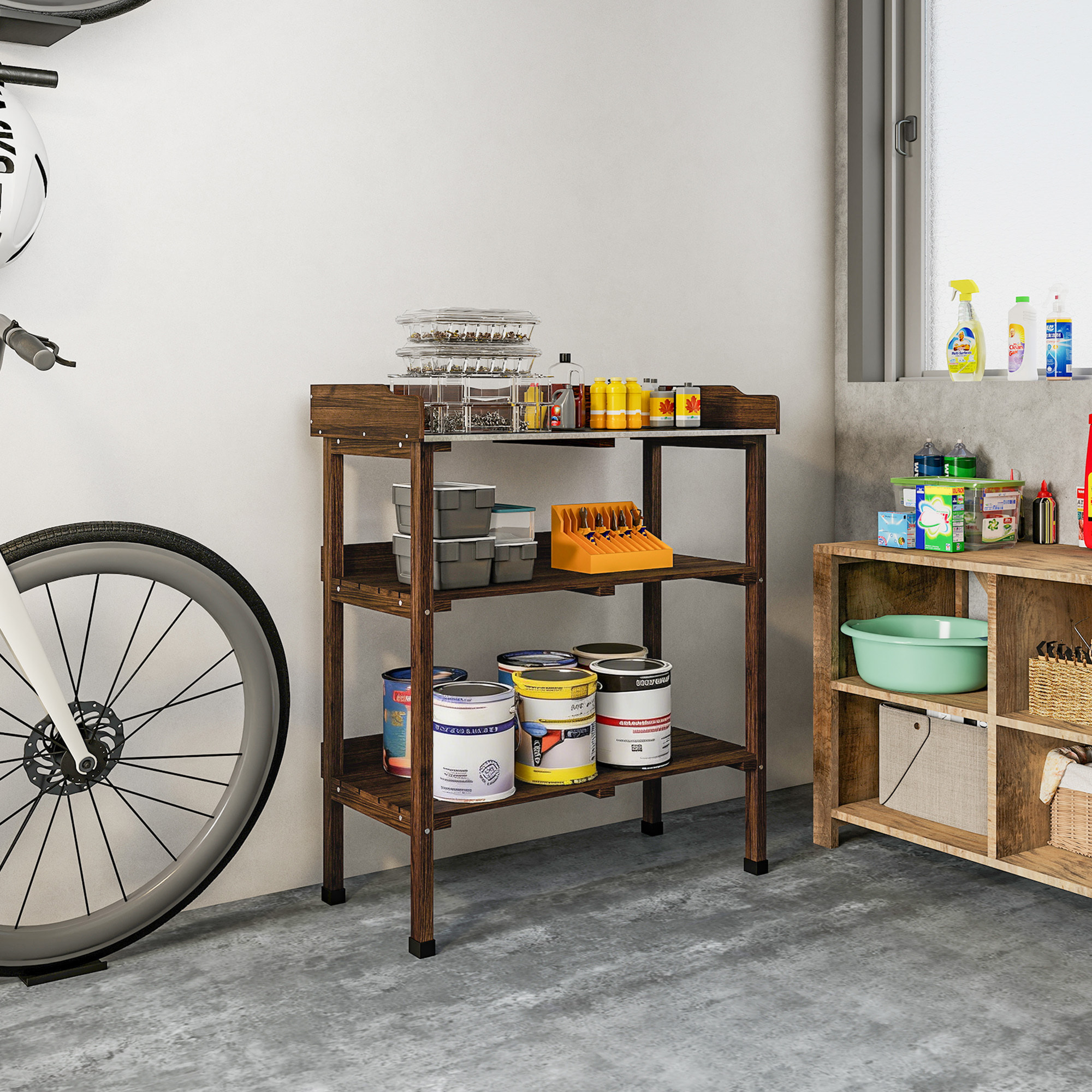 Mesa de Plantación de Madera de 3 Niveles, Mesa de Jardinería con Placa Metálica, 2 Estantes y Ganchos, Resistente a la Intemperie, para Jardín, Terraza, Balcón, 76x37x89 cm, Carbonizado