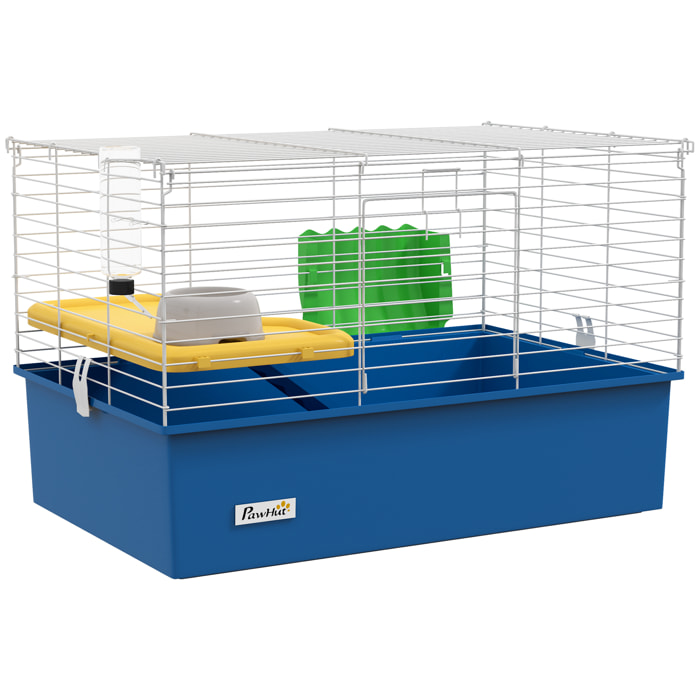 Jaula para Hurones con Bandeja Inferior Jaula para Animales Pequeños con Plataforma con Rampa Comedero y Bebedero Recinto para Conejos Pequeños Chinchillas Cobayas 71x46x47 cm Blanco y Azul