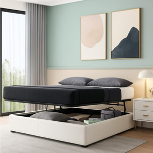 Lit coffre Parallèle | 3 Positions : Stocker, Faire Le lit, Repos | Espace de stockage jusqu'à 900 L | Simili cuir | Blanc