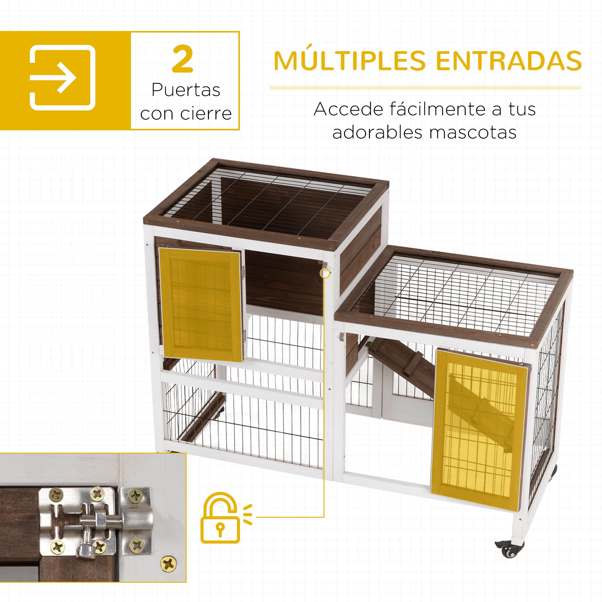 Conejera de Madera Interior con Ruedas Rampa y 2 Bandejas Extraíbles 110x50x86cm